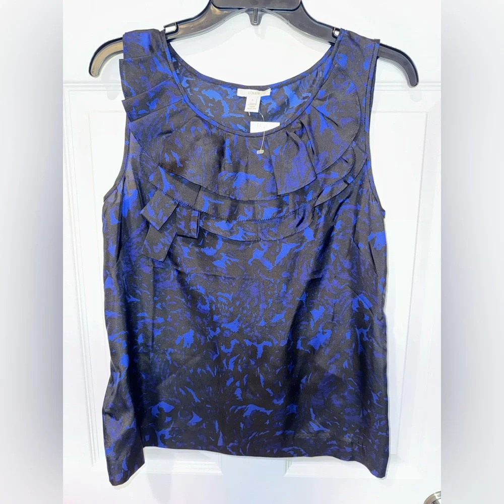 J. CREW Black and Blue Ruffle Neck Sleeveless Top - Picture 1 of 5